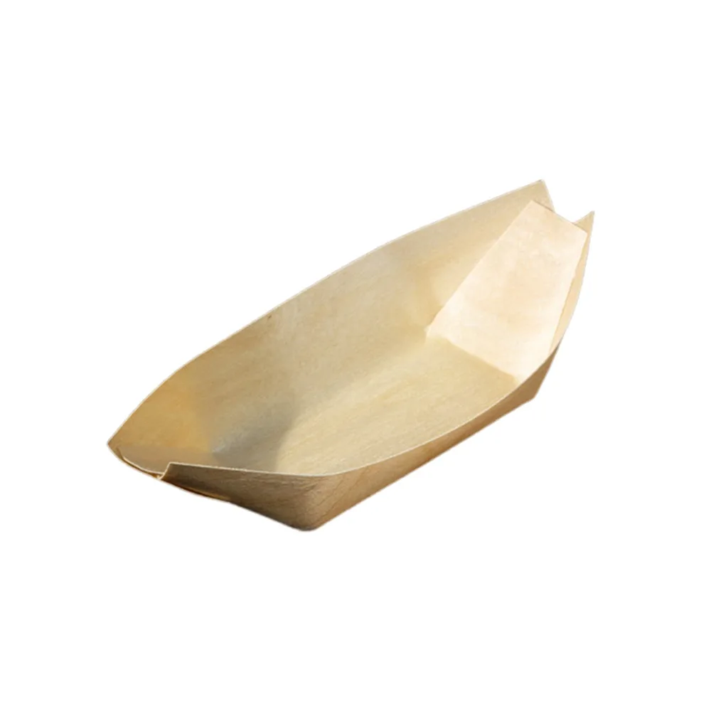 50PCS Multi-size Disposable Wooden Boat-shaped Plate Japanese Dish Food Serving Sushi Plate Boat-shape Tray Salad Dessert Bowl
