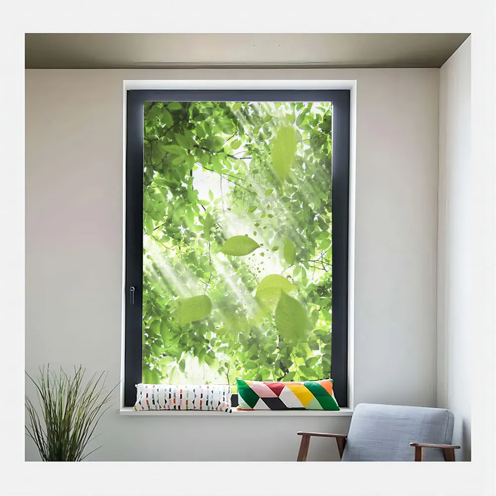 Privacy Glass Window Frosted Film Sun Green Leaves Pattern Glass Door Film Anti UV Non-Glue Static Cling Window Glass Sticker