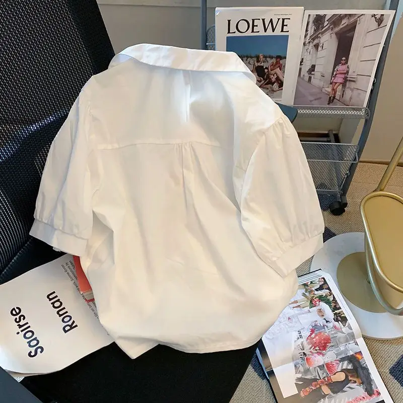 Shirts Women Embroidery Floral Simple Casual All-match Puff Sleeve Chic Elegant Korean Fashion Trendy Top Summer Thin New Female