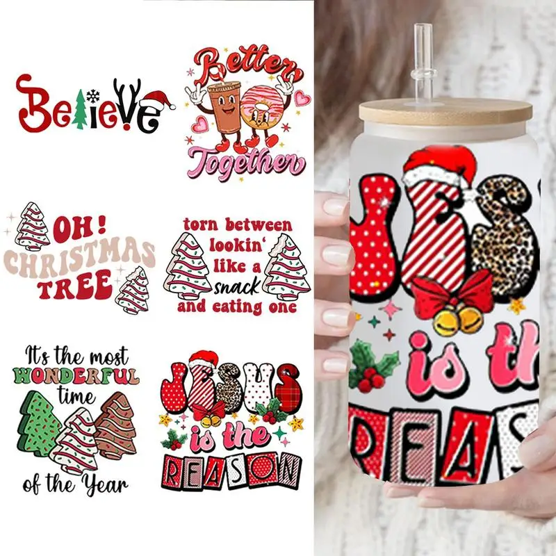 1pcs UV DTF Cup Wrap Transfers Stickers Christmas Designs For DIY Glass Cup Waterproof Custom Decals for Laptops Water Bottles