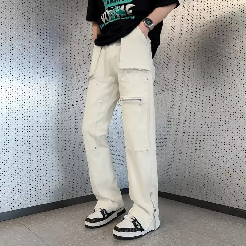 Pantalones vaqueros acampanados holgados Kpop para hombre, pantalones Cargo Y2K, ropa con cremallera en el tobillo, pantalones largos rectos de