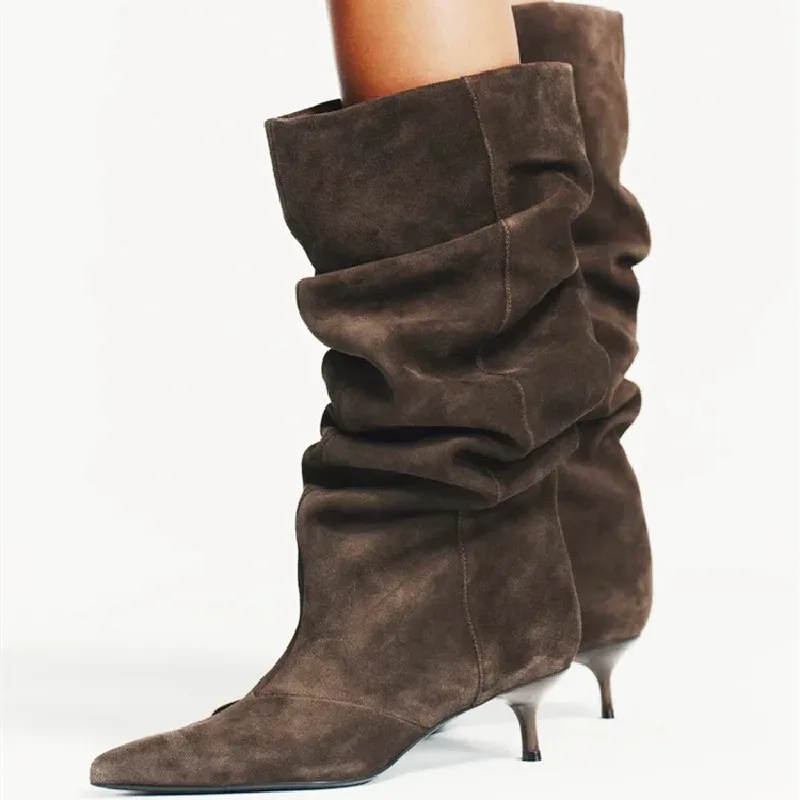 

Designer Pleated Designer Suede Knee-High Boots Women Autumn Winter Pointed Toe Comfort Long Boots Elegant Party Shoe for Ladies