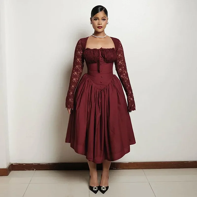 Spring and Summer Women's Sexy Lace Square Neck Long Sleeved Dress with Elegant Temperament, Ladies' Banquet Evening Dress