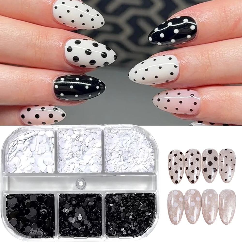 6Grids 3D Black White Round Nail Sequins Mixed Polka Dots Glitter Nail Flake Spliced ​​Flower Manicure Paillettes DIY Nail Decor