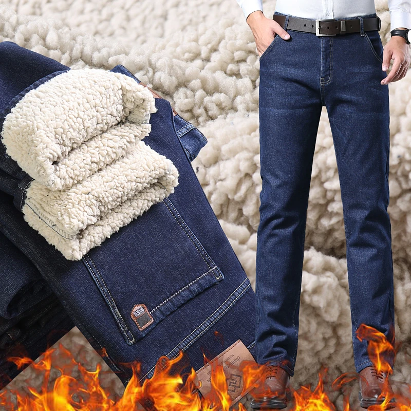 Winter Fleece Sherpa Jeans for Men Thick Business Casual Classic Straight Trousers Male Plush Wool Velvet Blue Black Denim Pants