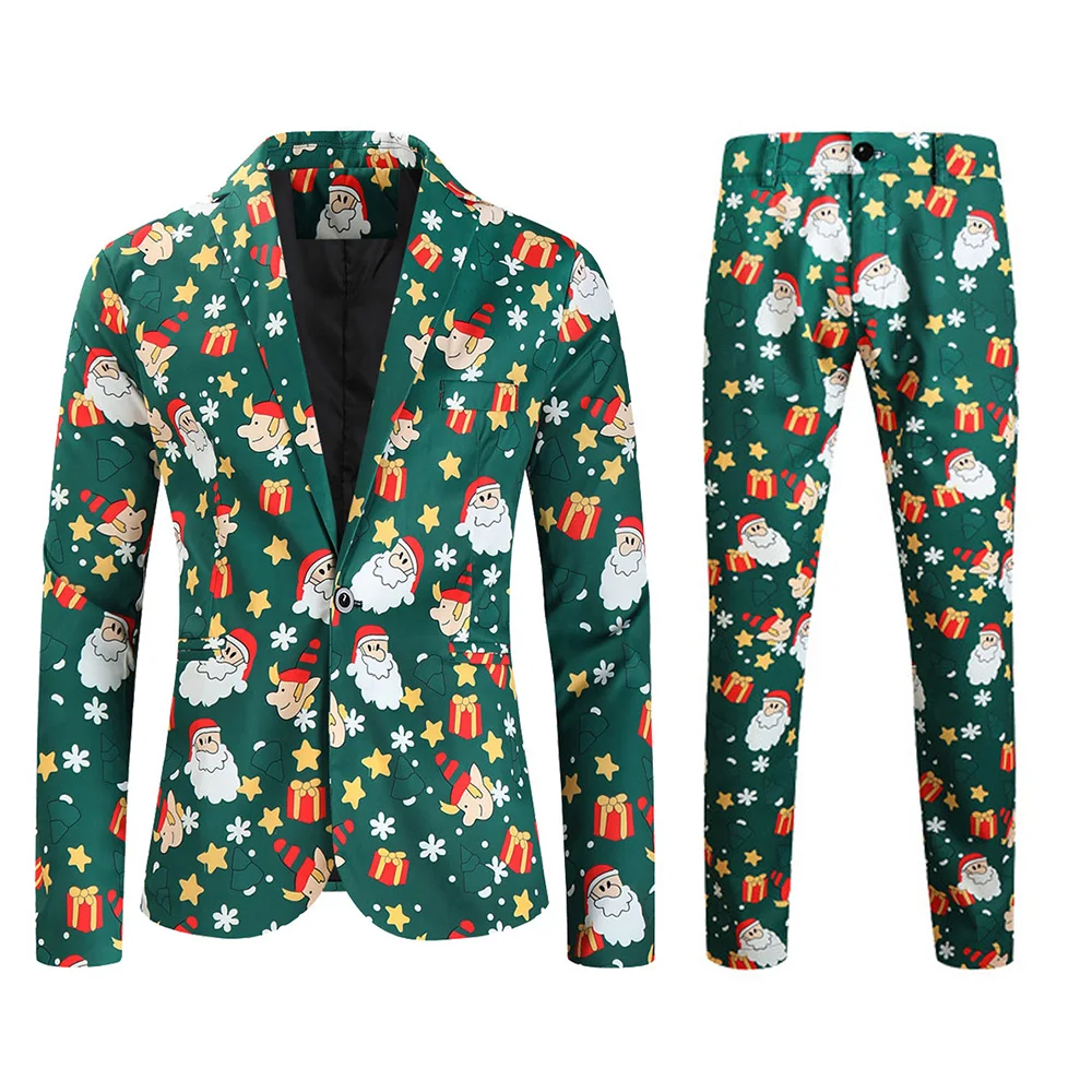 Christmas Party 2 Piece One Button Jackets Trousers Uniform for Male Casual Business Suit Funny Xmas Snowman Printed Coat Pants