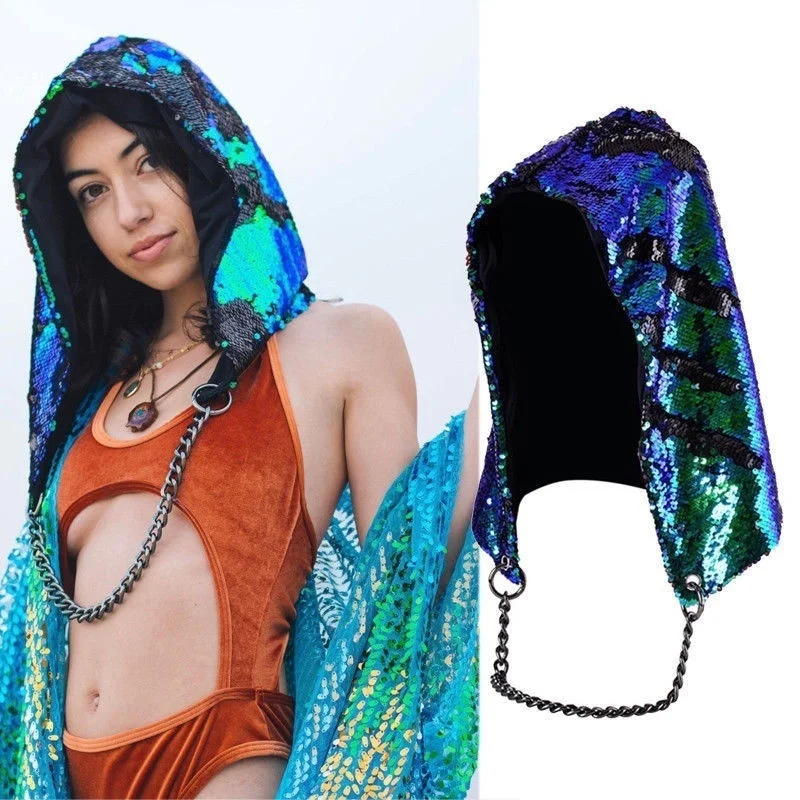Fashion Hat Sequin Caps Halloween Party Rave Hood Hats For Adults Sequin Halloween Party Hat Unique Design Girl Head Cap Decor