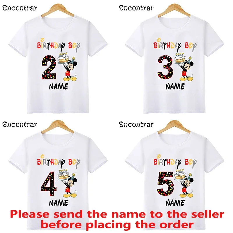 Camiseta gráfica Disney-Mickey Mouse para Crianças, Tops de Festa de Aniversário, Roupas Bebés Meninos, 1 Ano, 2 Anos, 3 Anos, 4 Anos, 5 Anos, 6 Anos, 7 Anos, 8 anos, 9 anos, 10 anos