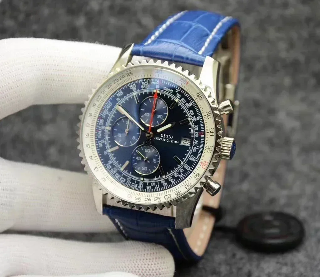 Luxury Mens Quartz Chronograph Watch Black Blue Leather Stainless Steel Luminous Sapphire Sport White Dial