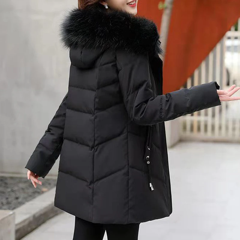 Women Korean Fashion Fur Collar Down Cotton Quilted Coat Winter Ladies Solid Long Sleeve Warm Padded Parkas Loose Hooded Jackets