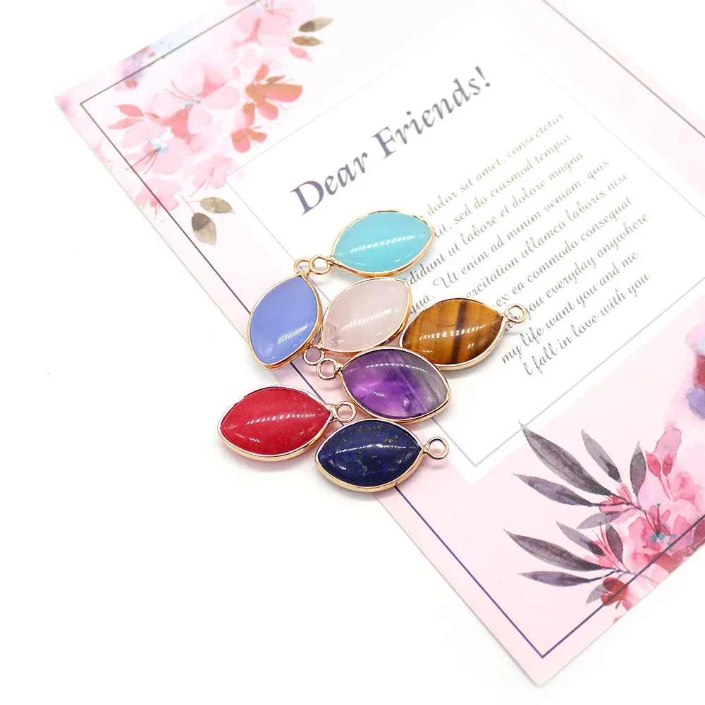Natural Stone Carved Horse-eye Shaped Lapis Lazuli Gold-plated Bezel Single-hole Tiger Eye Stone Pendant DIY Material 14x25mm