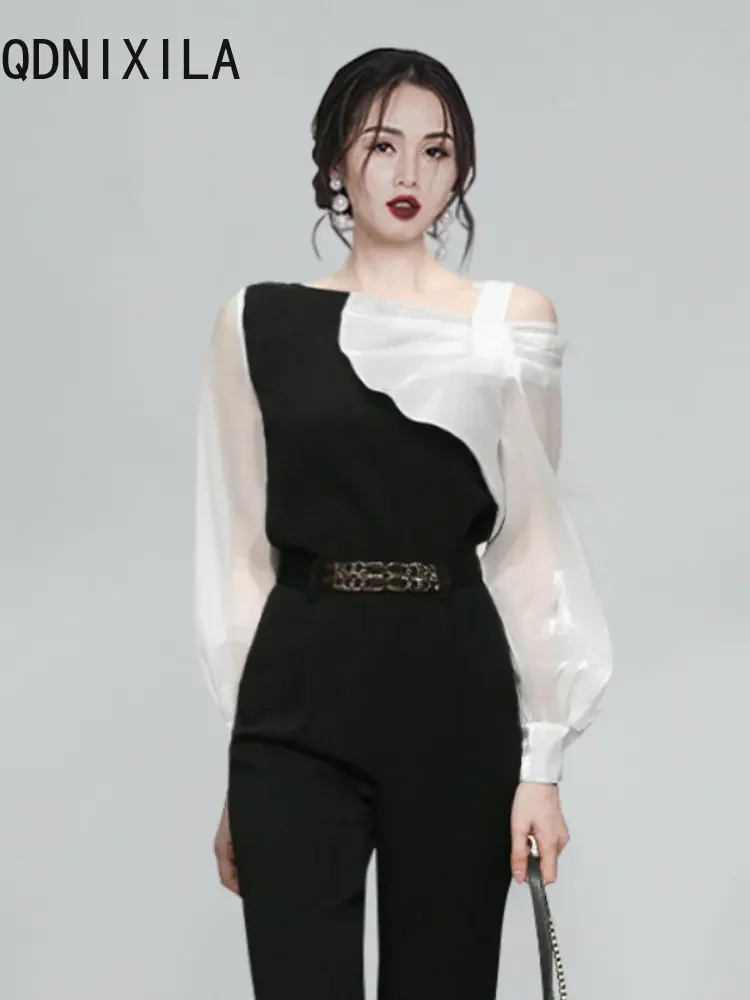 

Two Piece Set for Women Spring Summer New Sexy Lantern Sleeve Shirt Elegant Women's Sets Belt High Waist Ninth Pants Suits 2024