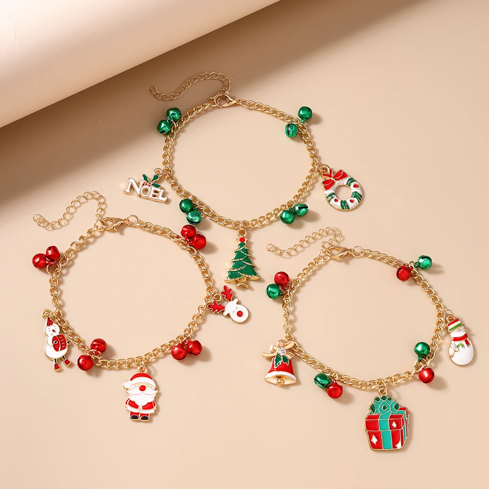 3pcs/set Fashion Christmas Bracelet Bells Santa Clause Snowman Bracelets Girls X'mas New Year Jewelry  Gift