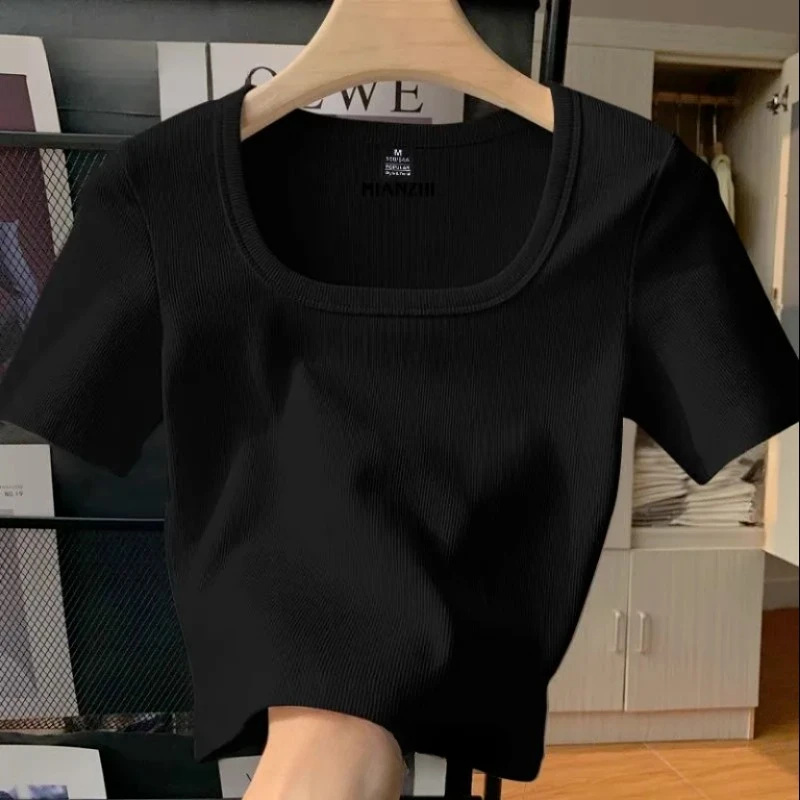 الصيف تي شيرت المرأة بسيطة المسمار Thred ساحة طوق قصيرة الأكمام الصيف سليم القمم الصلبة بسيطة كل مباراة الأساسية مريحة المحاصيل تيز