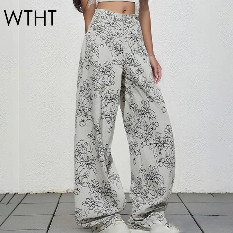 

WTHT Vintage Flower Print Design Straight Jeans For Women 2025 Summer New Trendy High Waist Wide Leg Denim Pants Female 1LS2165