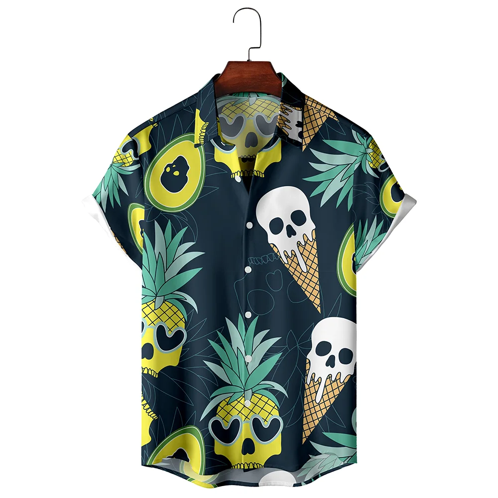 Men's Casual Shirt Floral Skull Print Design Pattern Fashion Short Sleeve Shirt Button Up