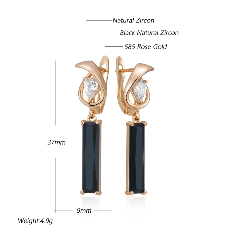 Kinel Hot Simple Long Square Black Natural Zircon Drop Earrings For Women 585 Rose Gold Color High Quality Daily Fine Jewelry