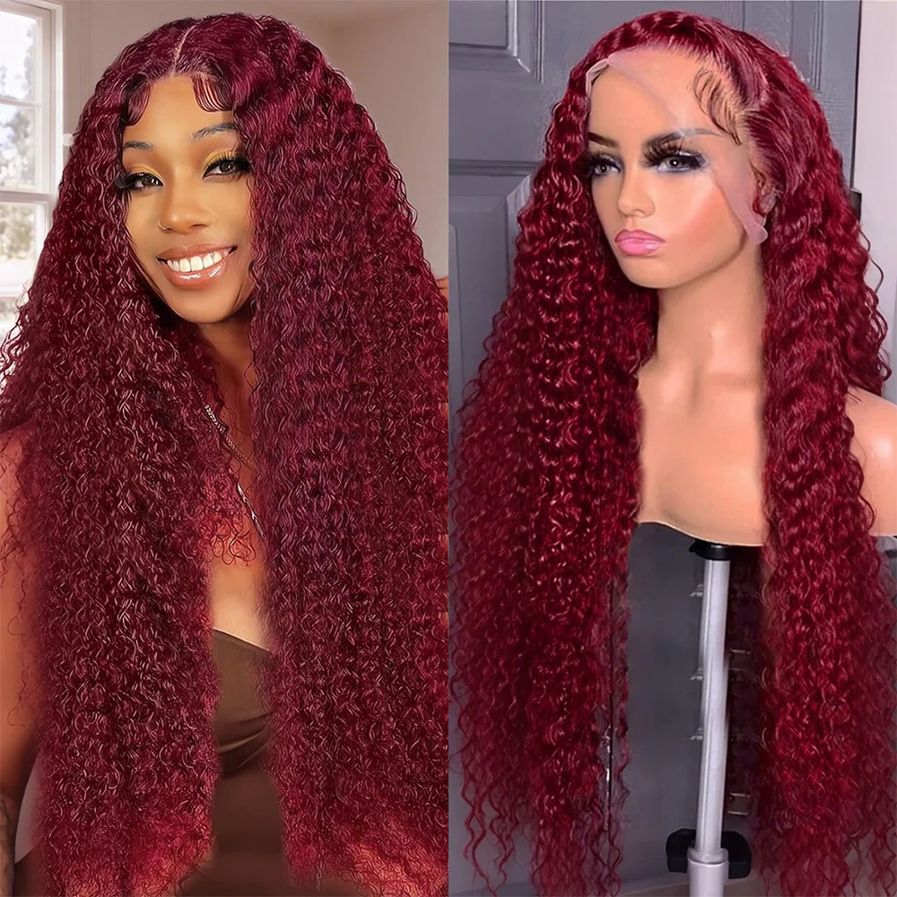 

200 Density Burgundy 99J 13x4 13x6 HD Lace Frontal Deep Wave Wig 18-40 Inch Curly Wave Pre-plucked 100% Human Hair Wig For Women