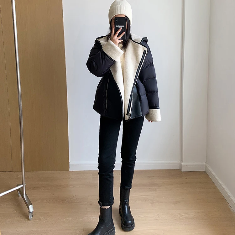Schinteon Women Lambswool White Duck Down Jacket with Hood Autumn Winter Warm Outwear Casual Patchwork Coat European Style