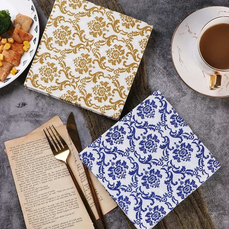 20pcs/Pac Chinese Elements Blue Gold Silver Flower Pattern Celadon Napkin Paper Tissue Pure Wood Pulp Paper Party Mouth Cloth