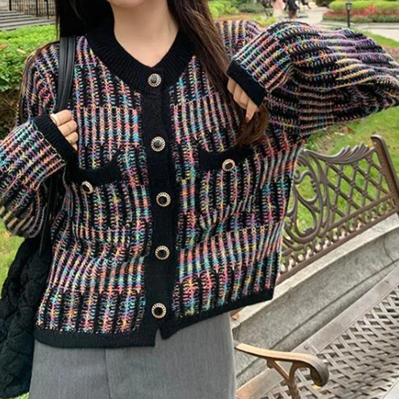 Rainbow stripe retro small fragrance coat women's 2024 autumn and winter new long-sleeved contrast sweater knit cardigan