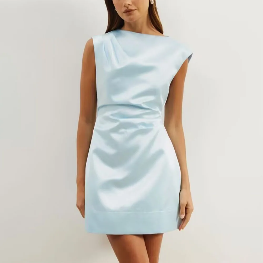 High Quality Customized O-neck Above Knee Blue Vestidos Elegantes Para Mujer Para Una Boda Evening Gowns فساتين سهره Robe 원피스