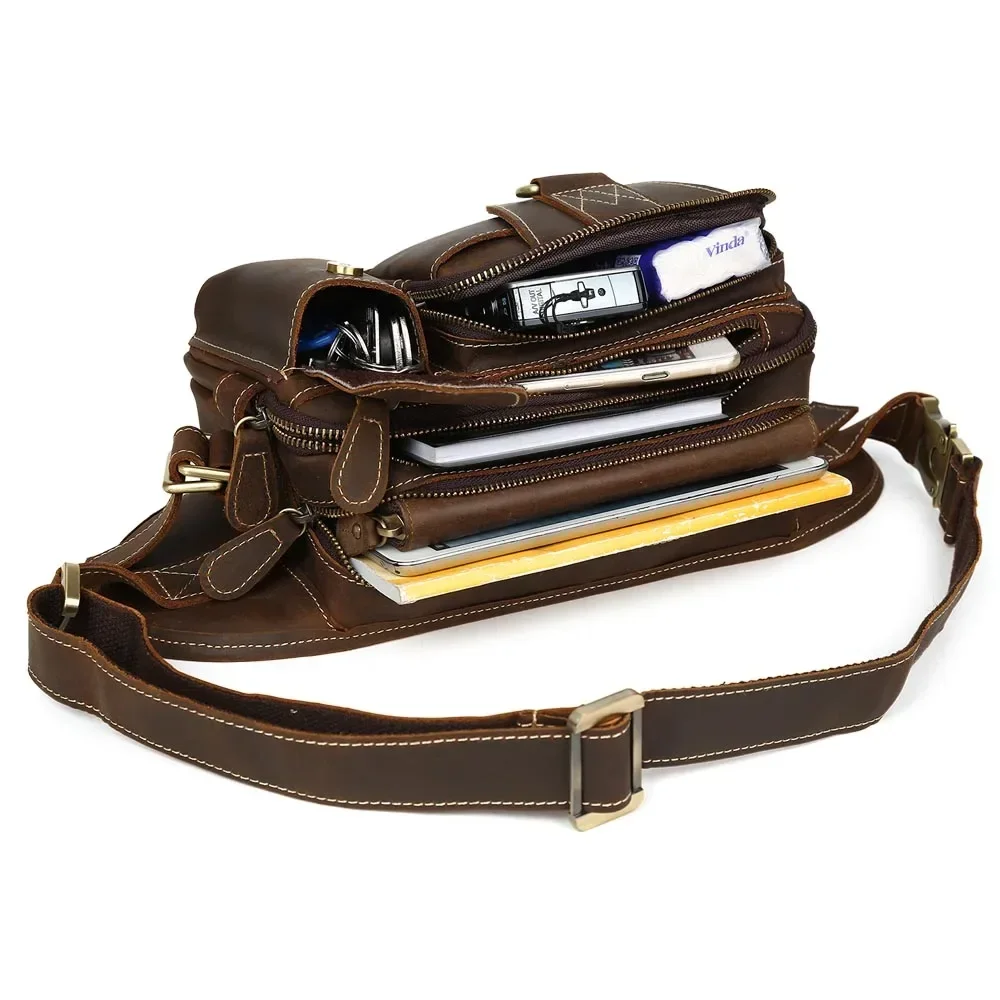 Retro top layer crazy horse leather fanny pack Multi-functional outdoor anti theft  waist bag waist pouch wear on belt for man