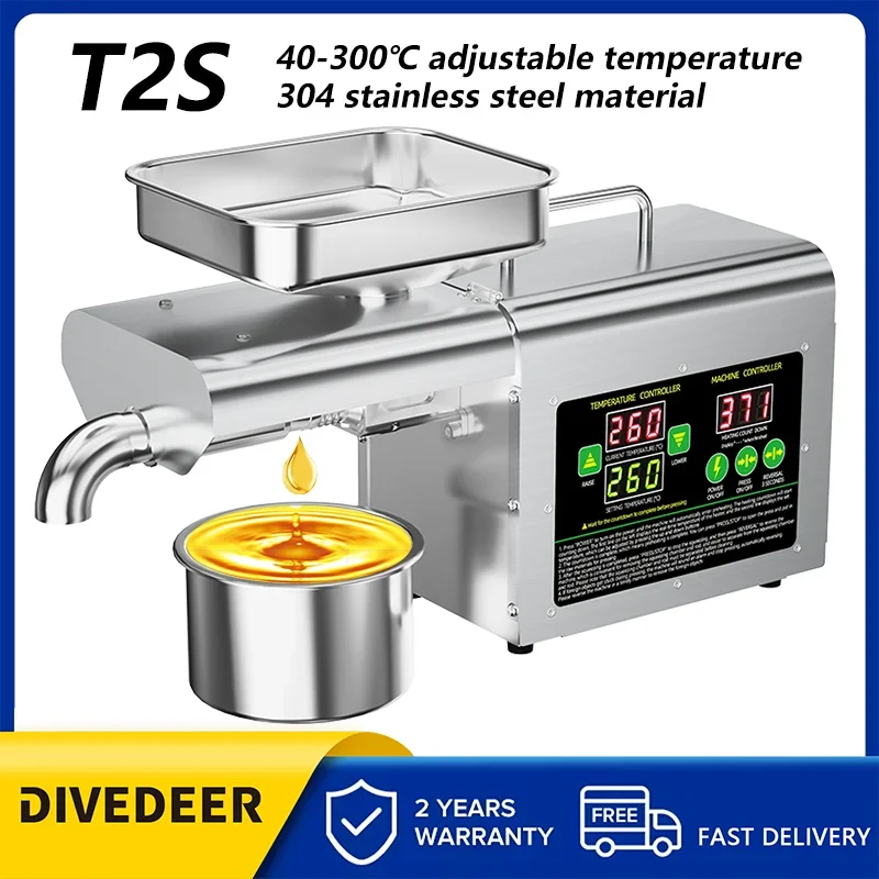 

DIVEDEER Peanut Oil Press Machine T2S Automatic 304 Stainless Steel Temperature Control 40°C-300°C Intelligent Oil Press Machine