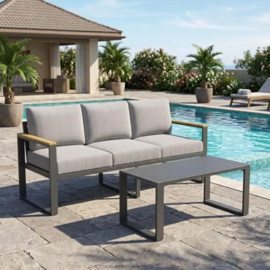 3-Seat Aluminum Sofa and Coffee Table Set for Balcony, Garden, Deck, Backyard: Gray, Washable Thick Cushions, Lightweight Durab