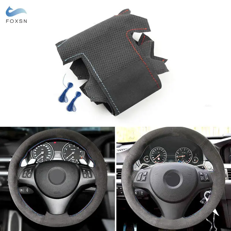 Black Suede Leather Red Blue Line Hand Sewing Steering Wheel Cover For BMW M Sport E90 320i 325i 330i 335i E87 120i 130i 120d