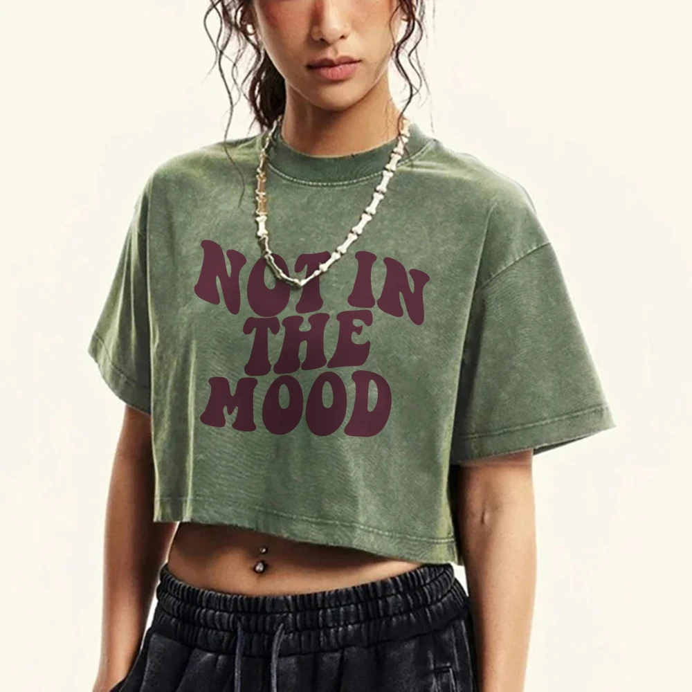 Women'S Cotton Crop Tops All-Math Distressed Regular Fit Washed T-Shirts In Bad Mood Printing Short Sleeve Summer Female Clothes