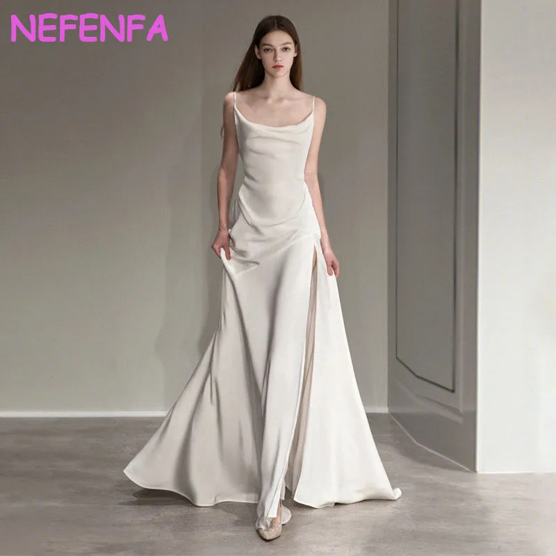 

NBFENFA Sexy Suspender Backless White Satin Prom Evening Dresses for Women 2024 Summer Party Trailing Dresses Formal Occasions