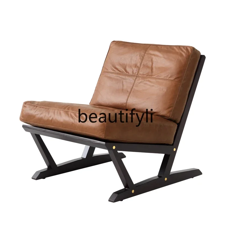 

Retro living room ash wood frame oil wax leather single designer leisure chair