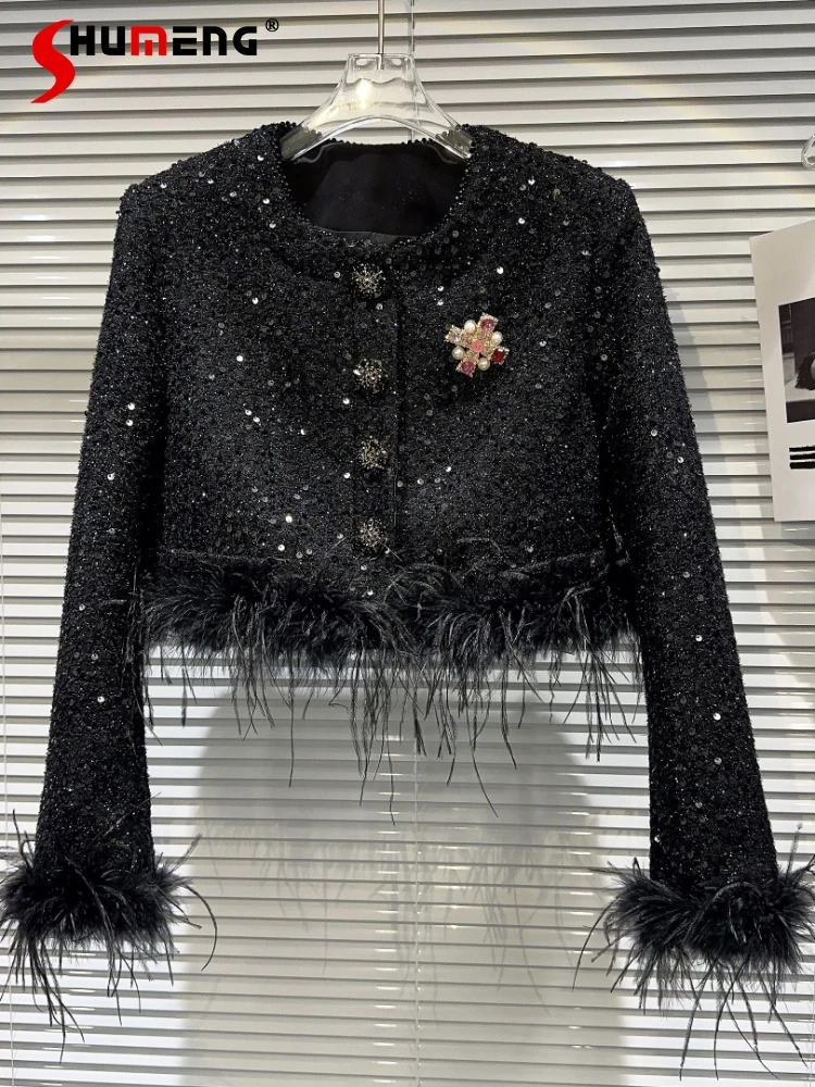 

Commute Black Round Neck Long Sleeve Short Jacket Autumn New Feather Stitching Colorful Crystals Brooch Sequined Coat for Women