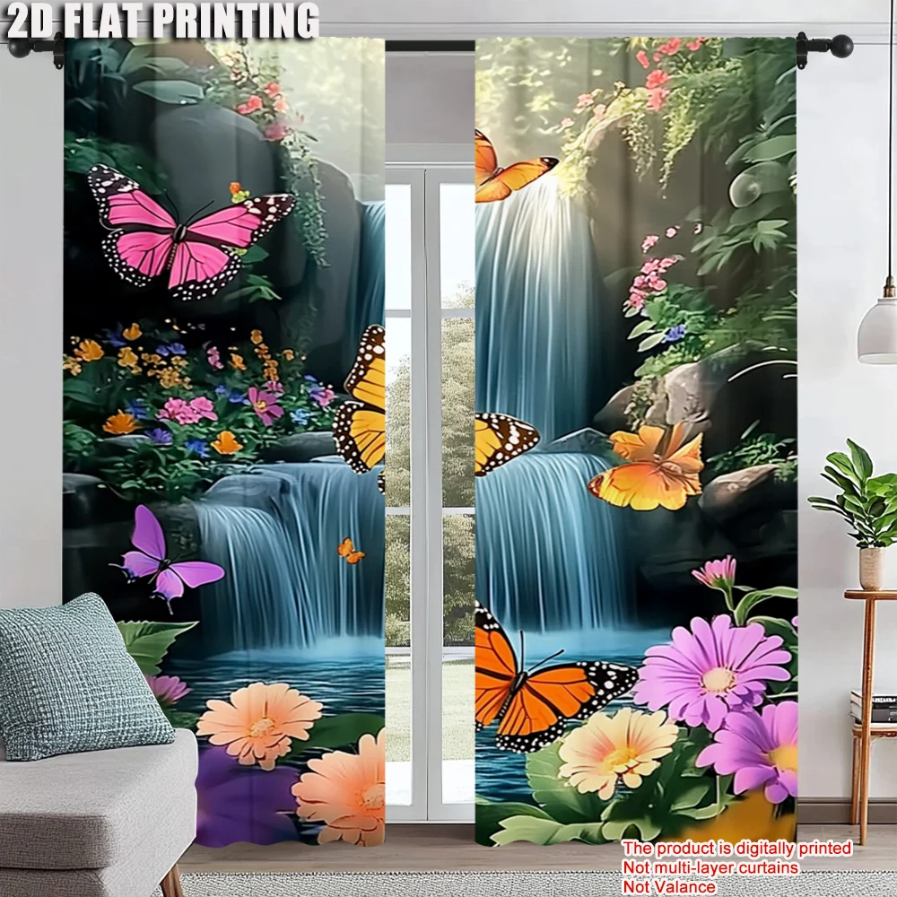 

2Pcs Colorful Butterfly Floral Waterfall Print Curtains Rod Hole Design For Easy Hanging Polyester Drapes For Bedroom And Living