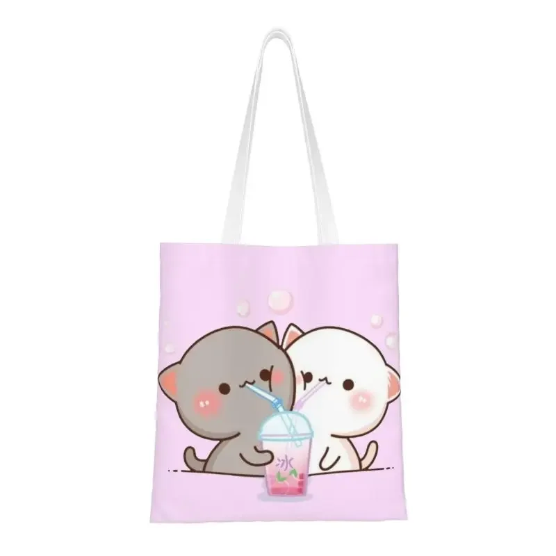 Custom Couple Mochi Cat Peach And Goma Shopping Canvas Bag Women Reusable Groceries Tote Shopper Bags