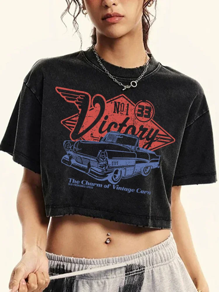 Cool Car Patterns Printing Women Washed Short Tshirts Summer Fashion T-Shirt Breathable O-Neck Tee Shirts Midriff-Baring Clothes