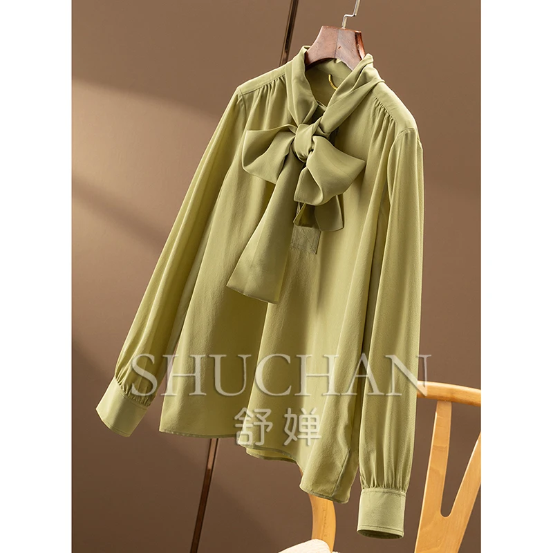 New Natural Silk Double Crepe Streamer Collar Long Sleeve Shirt Women 61C0 Women Tops Blusa Feminina