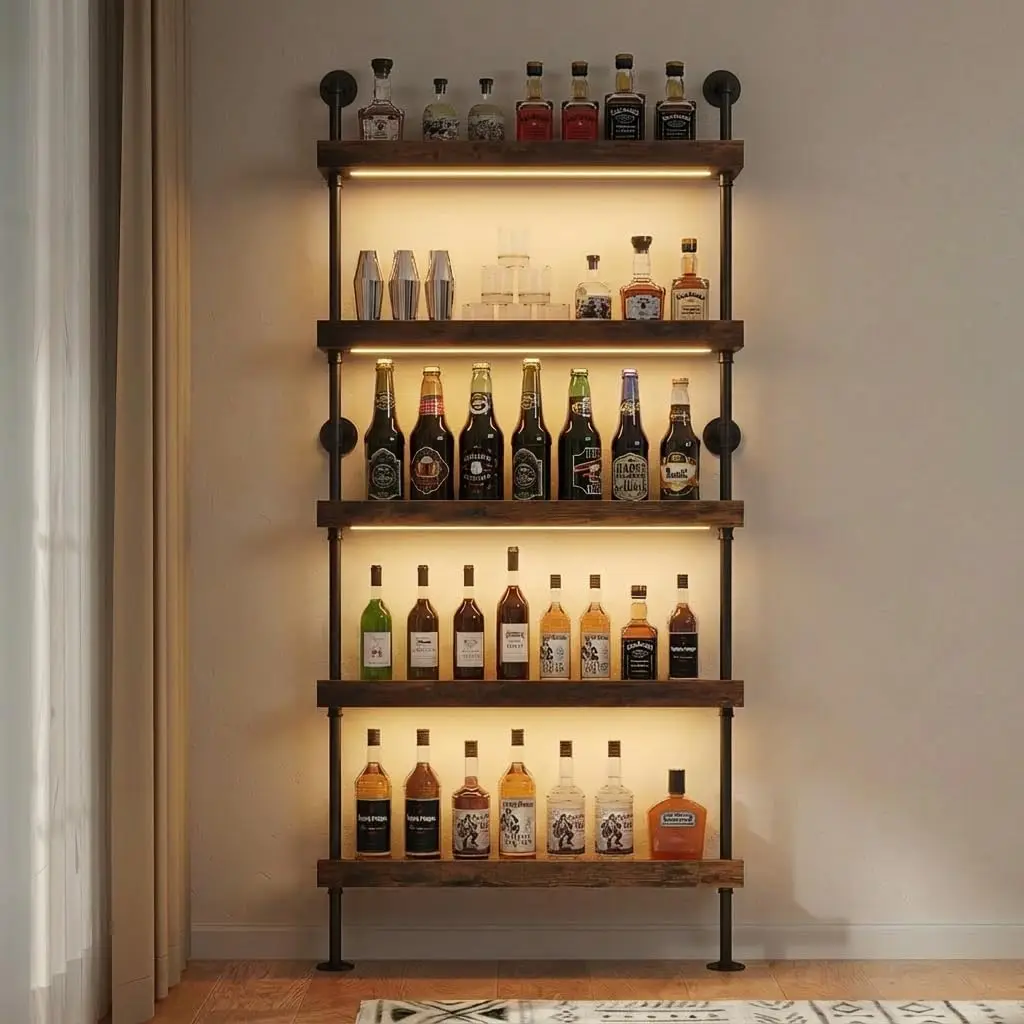 

5-ярусная настенная винная полка с LED-подсветкой, промышленные полки из труб для домашнего бара, столовой, кухни