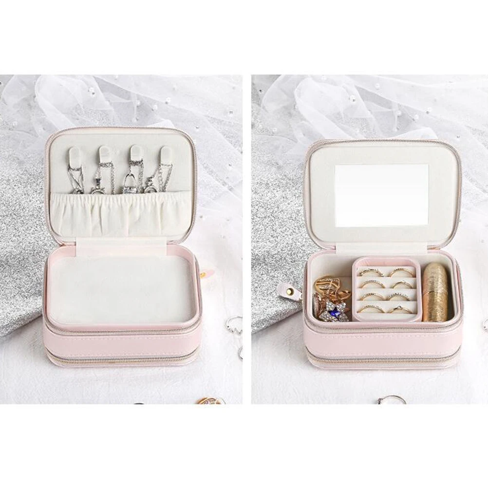 

Portable Zippered Jewelry Box PU Multifunction Jewelry Case with Built-in Mirror for Women Girls (Pink)