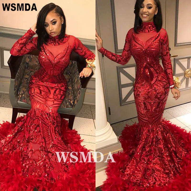 Stunning Feathers Mermaid Prom Dresses Dance Ball Gowns High Neck Long Sleeves Shiny Sequins Lace Formal Evening Party Dresses