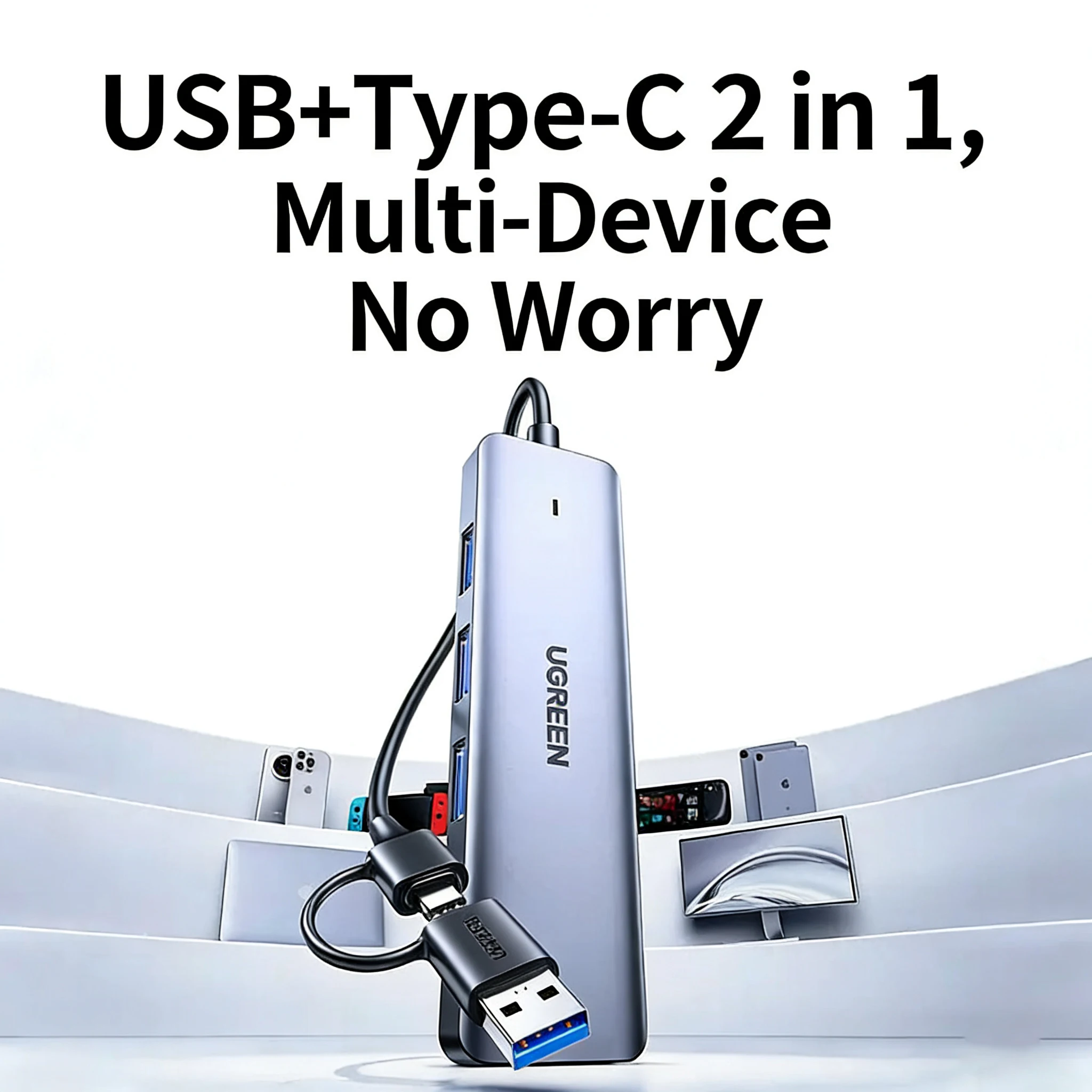 UGREEN Dual-Port 4-in-1 USB Hub with Type-C 3.0 Splitter Multi-Port Hub Adapter for Laptops 0.15m