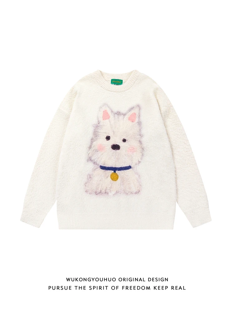 

Вязаный свитер с ретро-рисунком собаки, свободный крой, теплый, повседневный, модный, молодежный, для отдыха, зимний