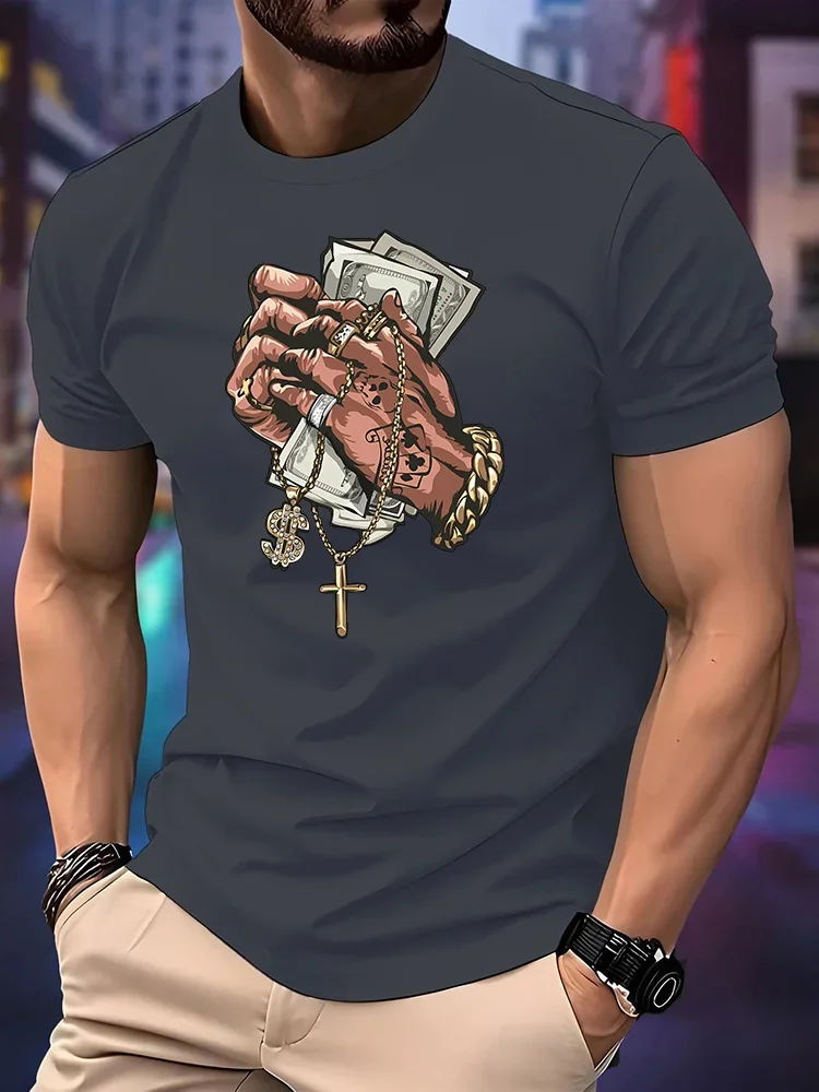 Men's Hip Hop T-Shirt Cash Money Gold Chain Cross Print O-Neck Short Sleeve Casual Streetwear Graphic Tee Tops
