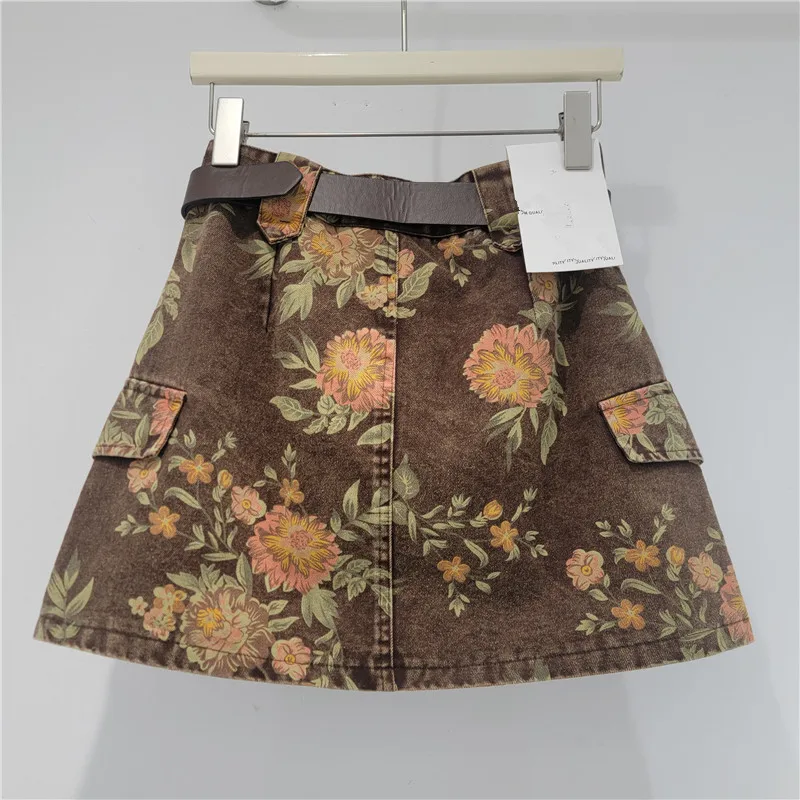 Summer Retro Printed Denim Skirt For Women American Casual Fashion 2026 New Floral Pattern High Waist A-line Short Skirts