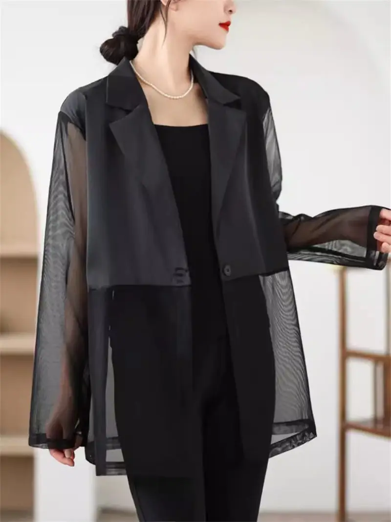 Large Size Loose Fashion Mesh Patchwork Blazer Long Sleeve Cardigan Women Summer 2024 New Sun Protection Suit Thin Jacket K1472