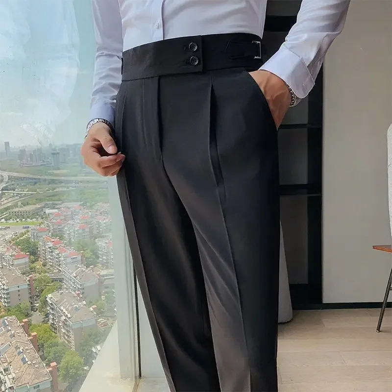 2024 Spring and Autumn Fashion Korean Edition Casual Business High Waist Button Slim Fit Straight Tube Non Iron Men\'s Suit Pants