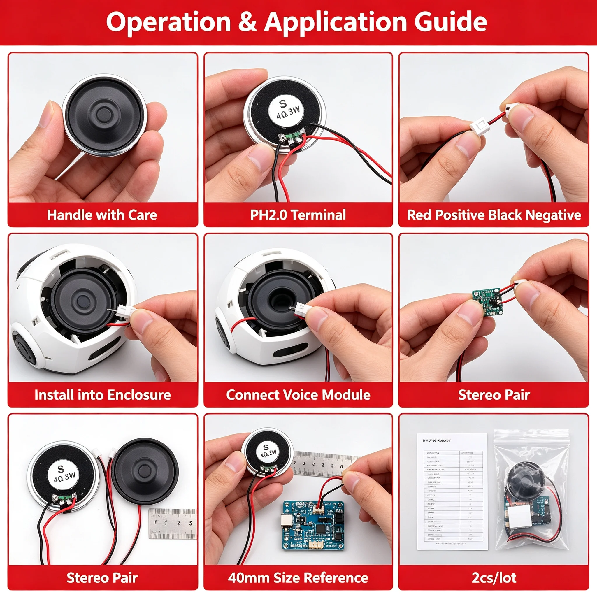 Ultra-thin Mini Loudspeaker 4Ohm 3W 4R, Ø40mm 4CM 5mm Thickness, PH2.0 2P Terminal 15CM Wire, 2pcs/lot Inner Magnet Speaker for
