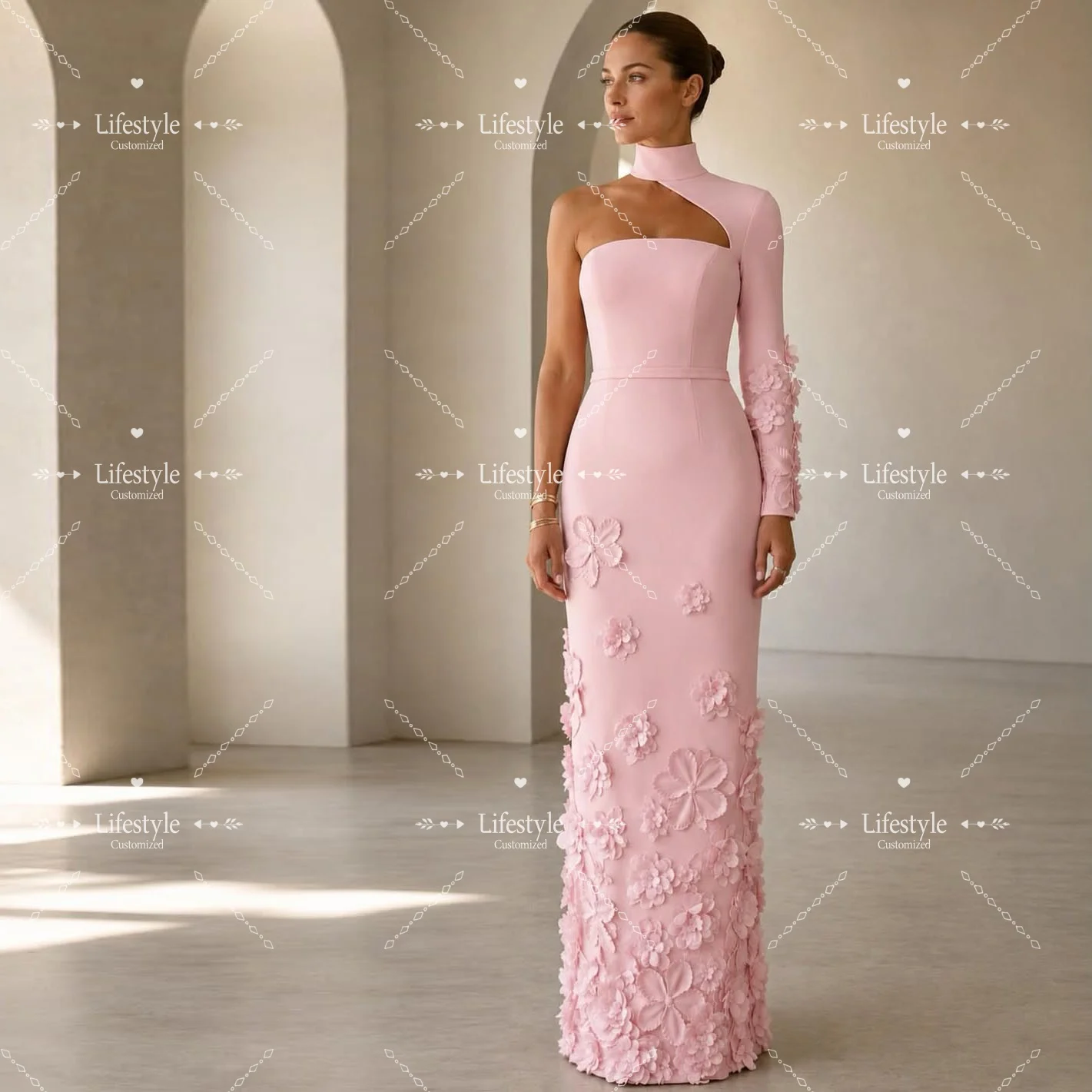 

Customized One Long Sleeve Pink Formal Evening Dress Prom Gown with 3D Floral Appliques Straight Elegant Party Dress