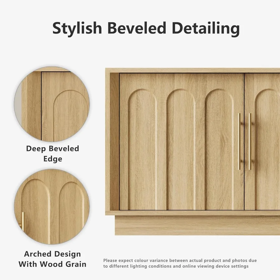 75인치 TV용 TV 스탠드 미드 센추리 모던 TV 스탠드 아치형 디자인 우드 그레인 마감 보헤미안 미디어 콘솔 조절 가능한 선반 포함